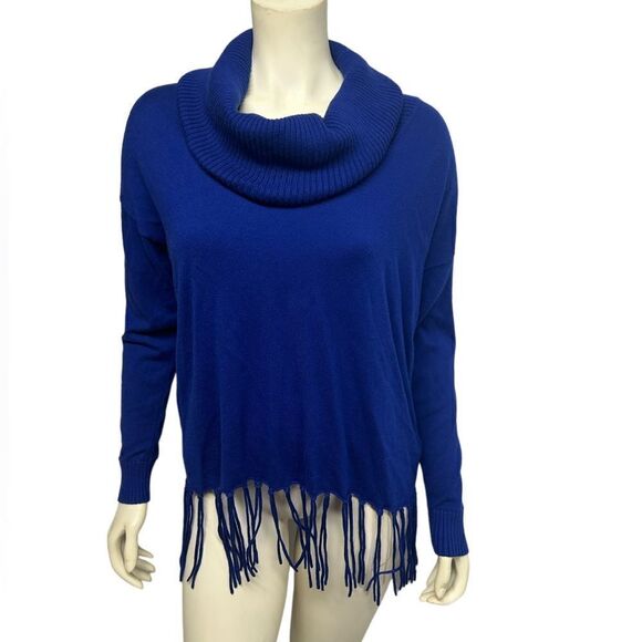 Michael Kors Royal Blue High Low Cowl Neck Long Sleeve Top Fringe Hem Fall - Picture 2 of 6